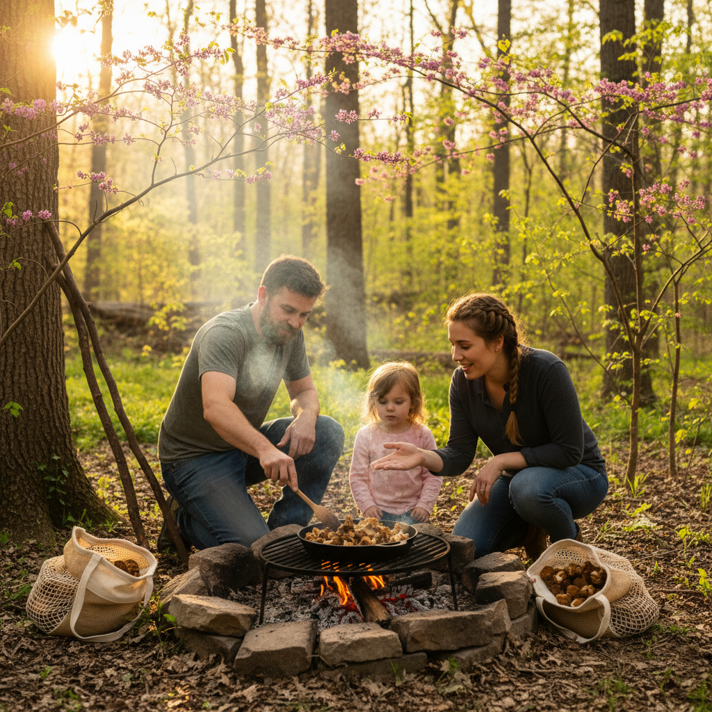 Family foraging morel mushrooms and cooking over a campfire in a sunlit Missouri woodland near Platte City