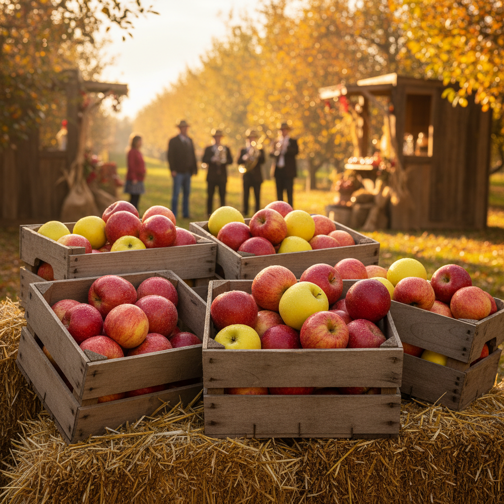 Heirloom apples including Jonathan, Arkansas Black, and Winesap in wooden crates at a fall apple festival, with families and autumn trees in the background