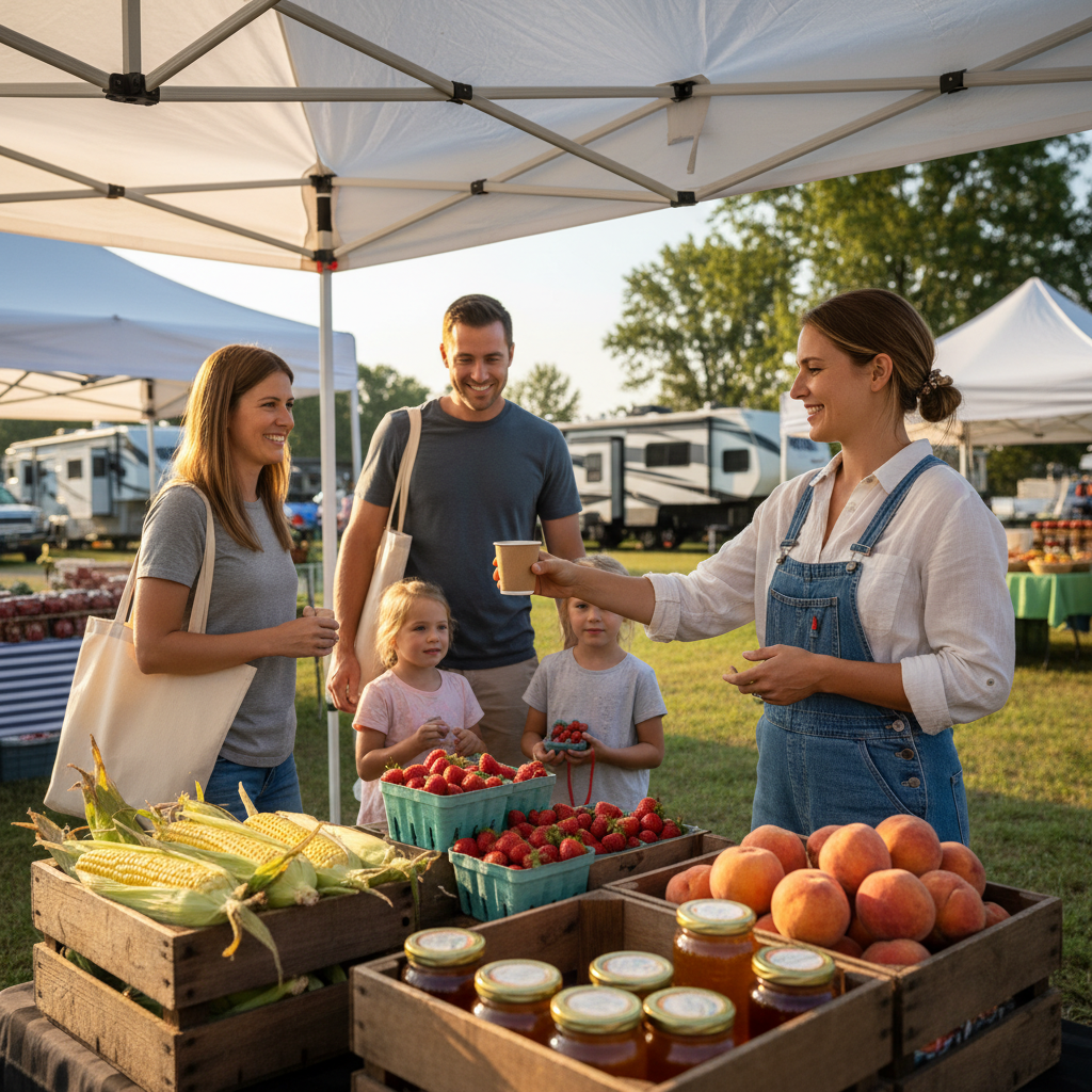 Family sampling fresh coffee at a farmers market stall with wooden crates of strawberries, corn, and peaches under white tents on a sunny morning near Platte City, Missouri
