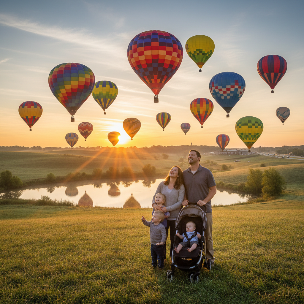 Colorful hot air balloons rise at sunrise over misty hills and a lake near Platte City, Missouri, as a family with two young children and a stroller watches from a grassy field