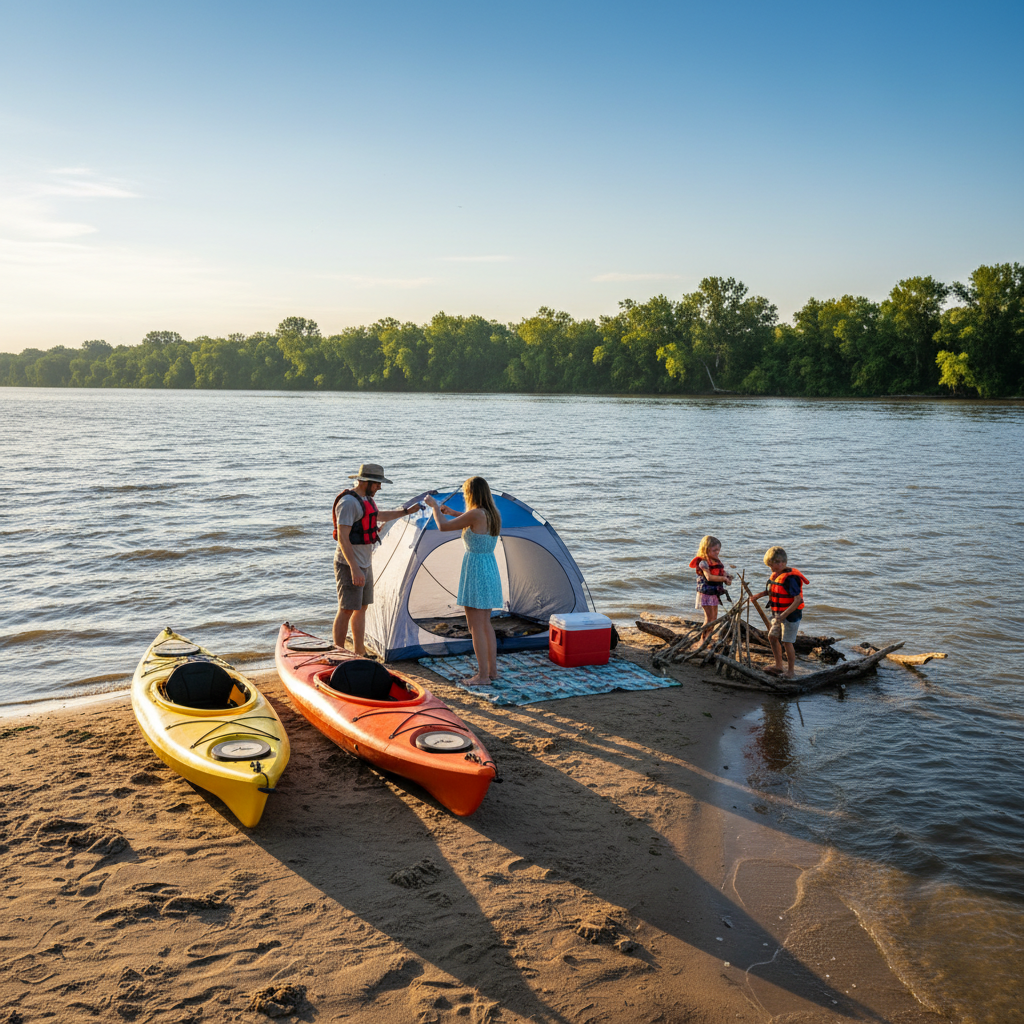 Family with young children arriving by kayak on a sandy Missouri River island, parents setting up shade while kids play with driftwood, cooler and picnic blanket visible under clear morning sky