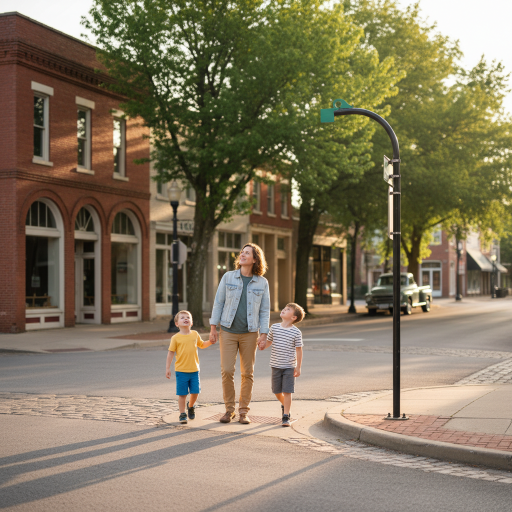 Parent and two children look up at a green street sign at a quiet small-town corner in Platte City, Missouri, with brick buildings blurred behind them