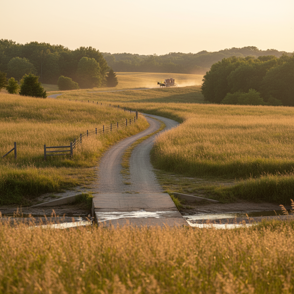 Horse-drawn stagecoach on a rural ridge road near Platte City, Missouri, with a shallow creek crossing and rolling hills at sunset