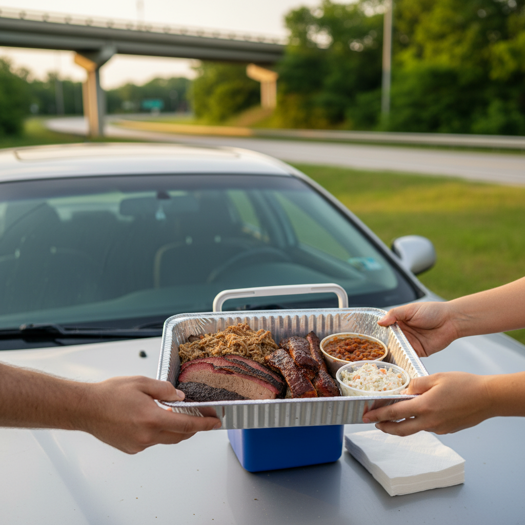 Hands sharing Kansas City–style barbecue takeout on a parked car at a generic I‑29 pull-off near Platte City, Missouri, with highway and trees in soft focus