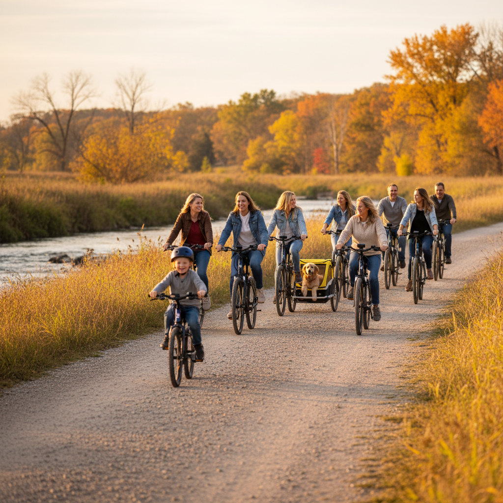 Family and friends riding electric bikes with a child and dog trailer along a gravel path by prairie grass and river in autumn near Platte City, Missouri