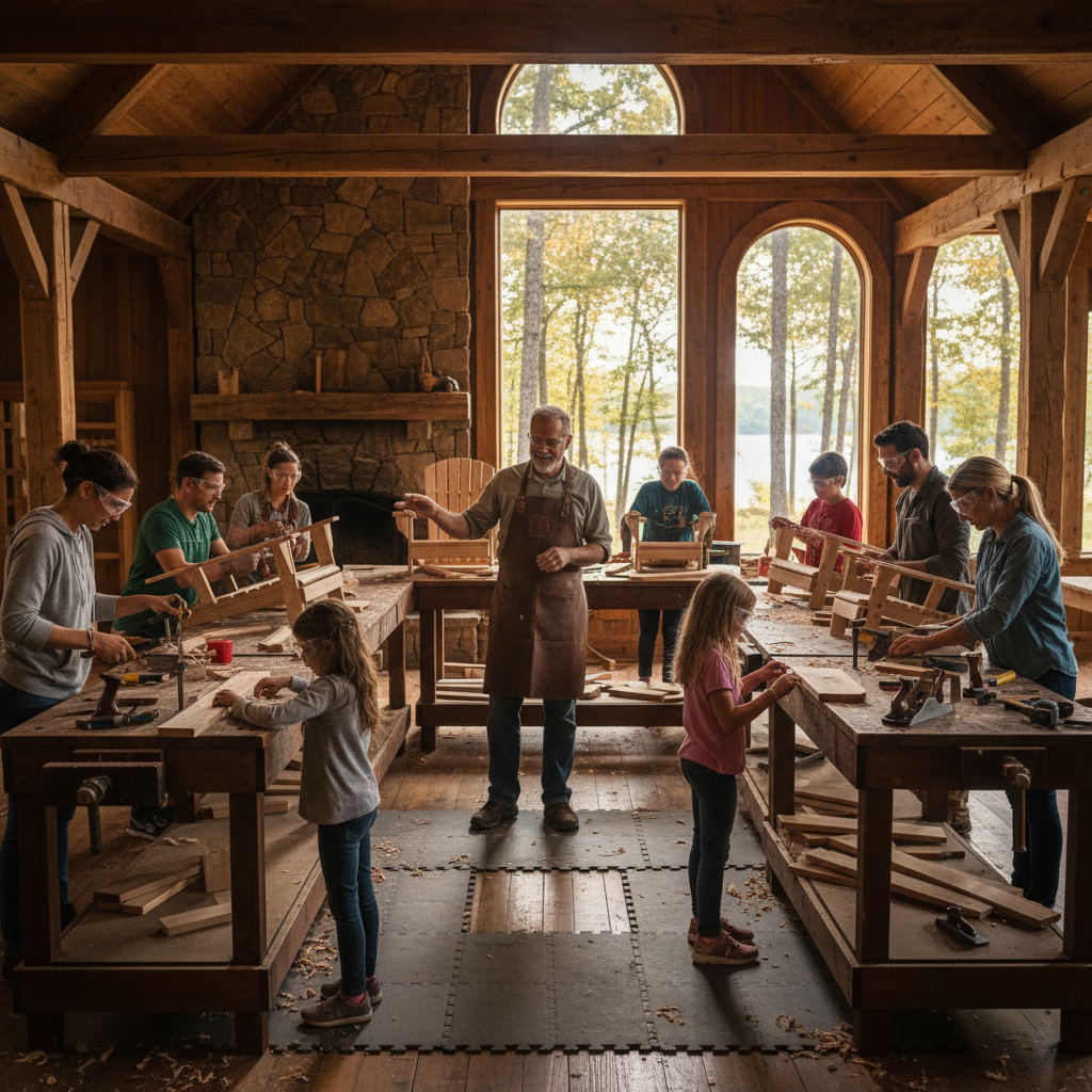 Adults and children building cedar Adirondack chairs together in a bright, rustic workshop with large windows and wood shavings on the floor