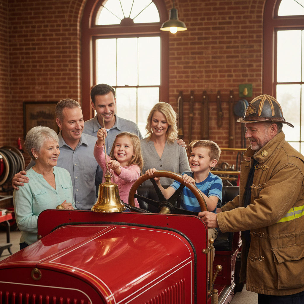 Family with children and firefighter exploring vintage fire engine inside a historic red-brick firehouse with arched doors and antique gear