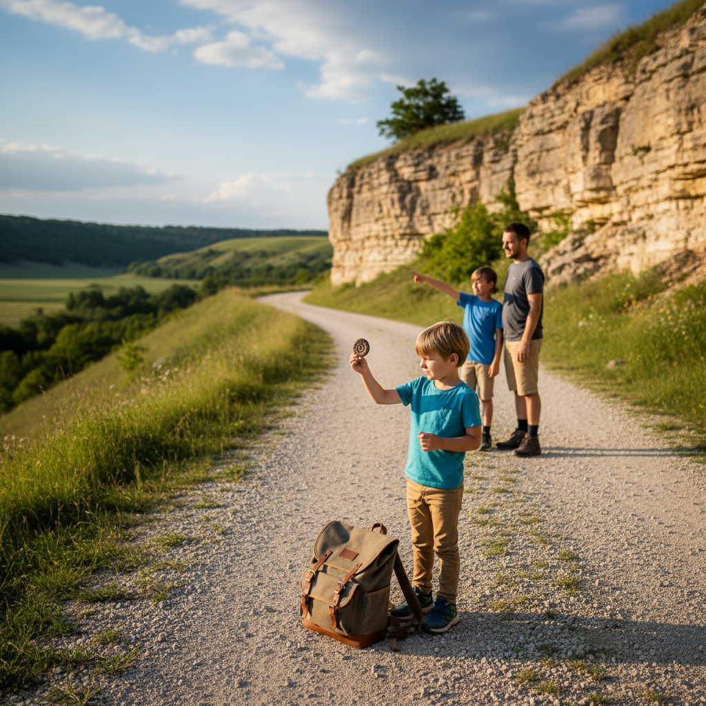 Family with children exploring a gravel trail beside a limestone bluff, child examining a small fossil, picnic backpack nearby, under a bright blue sky with rolling green hills in the distance