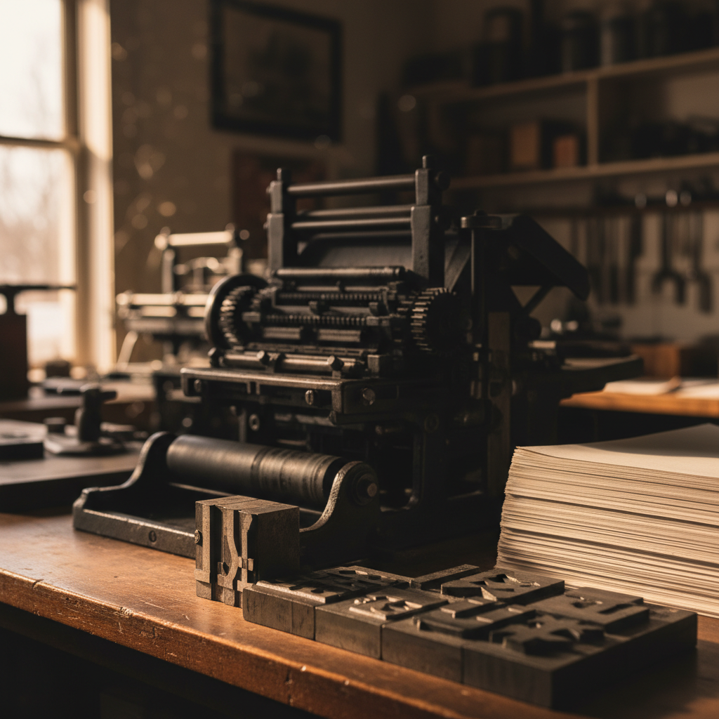 Close-up of vintage letterpress printing equipment and metal type blocks in a small-town Missouri newspaper print shop, lit by warm window light.