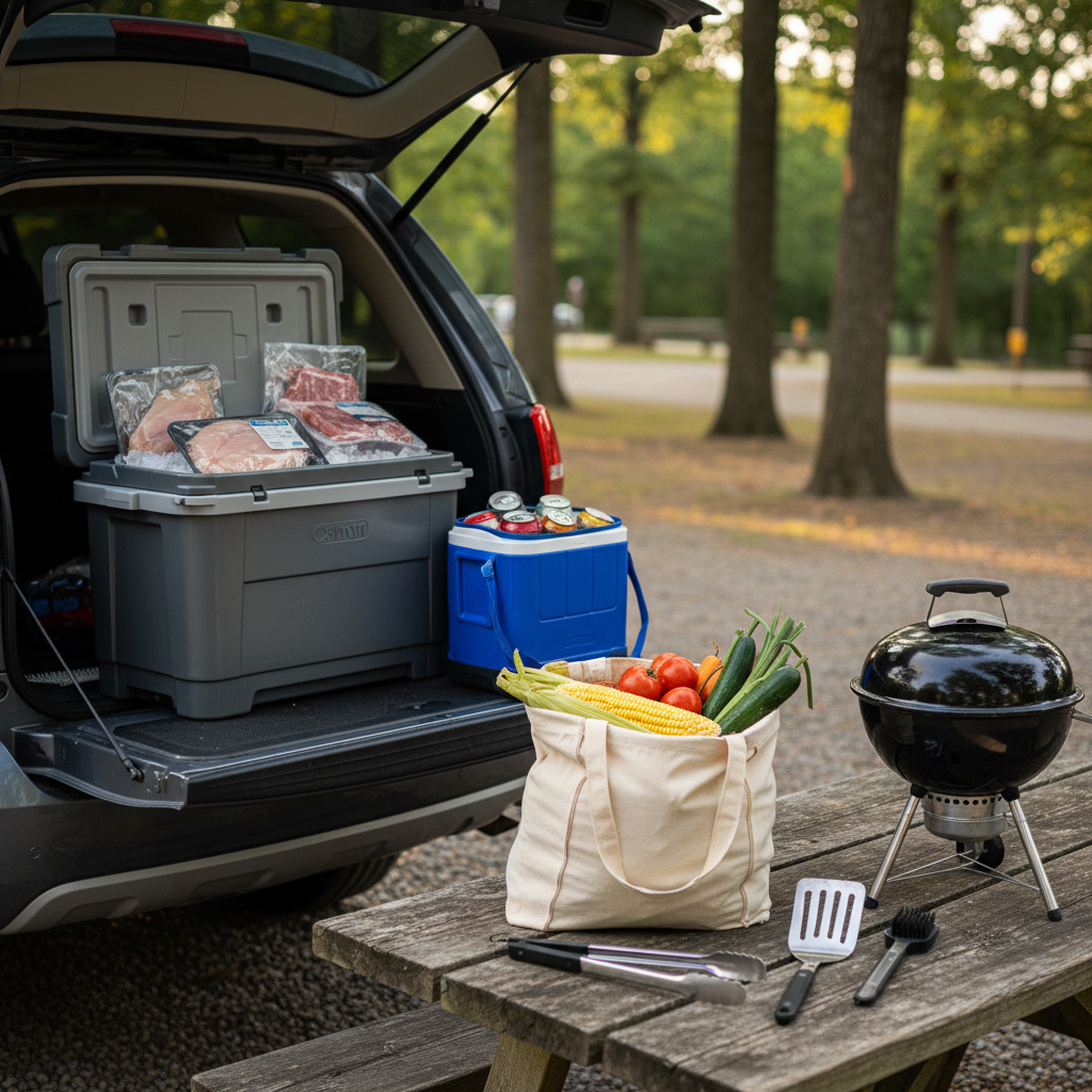 Coolers packed with meat and seafood on ice beside fresh corn, tomatoes, and berries on a picnic table near a grill in Platte City, Missouri