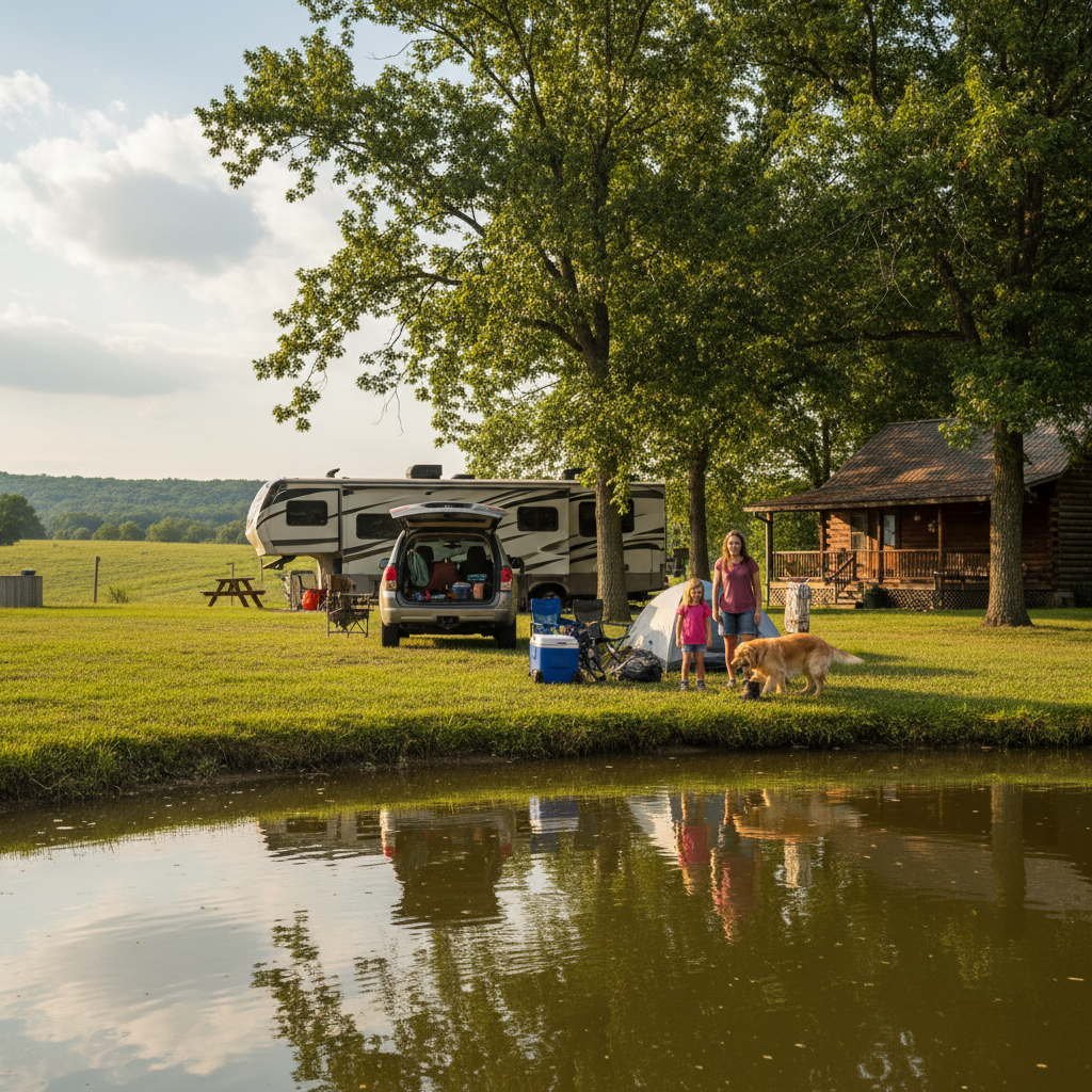 Family with two children and dog unpacking camping gear by a pond and RV at a tree-lined campground on a sunny day near Platte City, Missouri