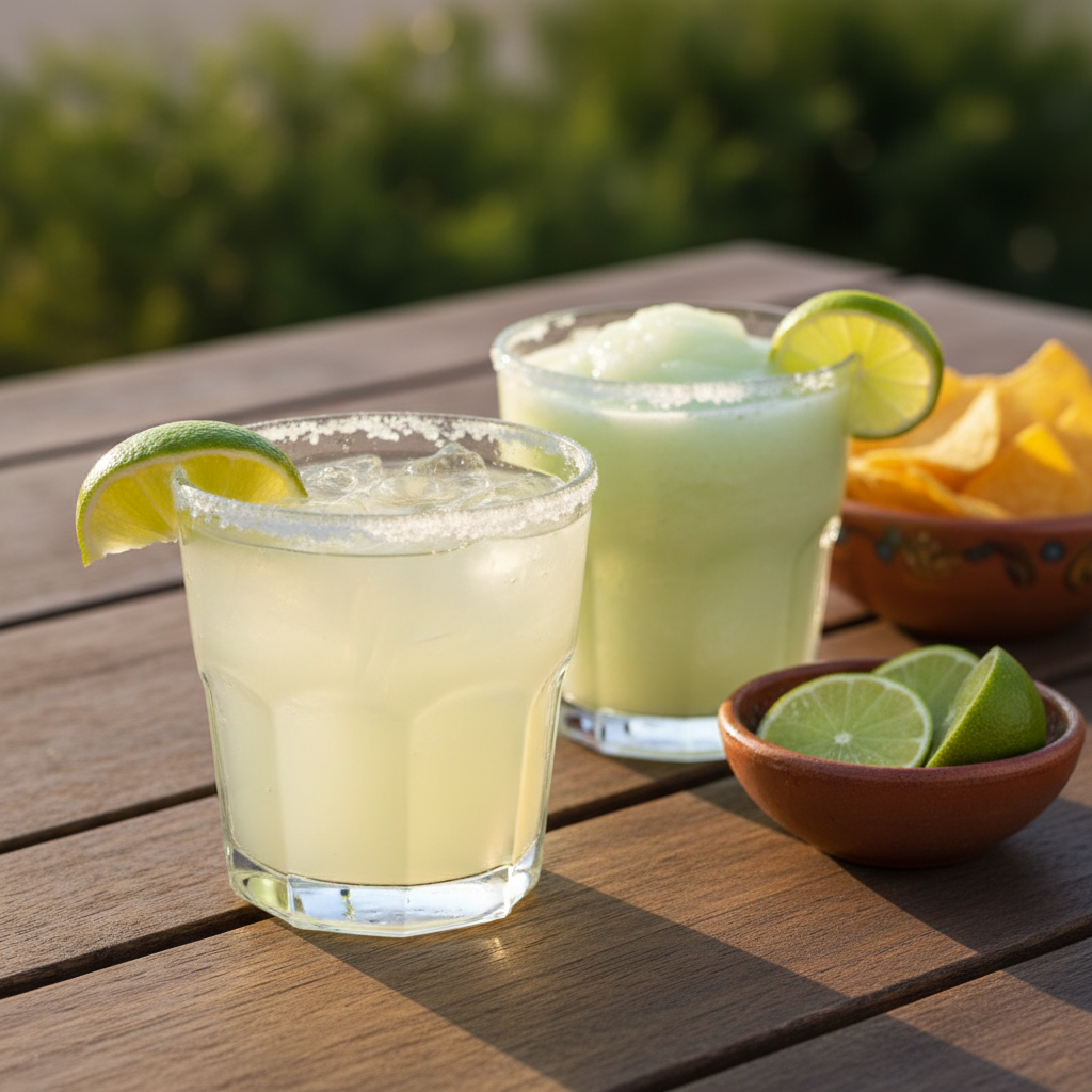 Two margaritas on a rustic outdoor table, one on the rocks with a half-salted rim and lime wedge and one frozen, with chips and limes in soft evening light