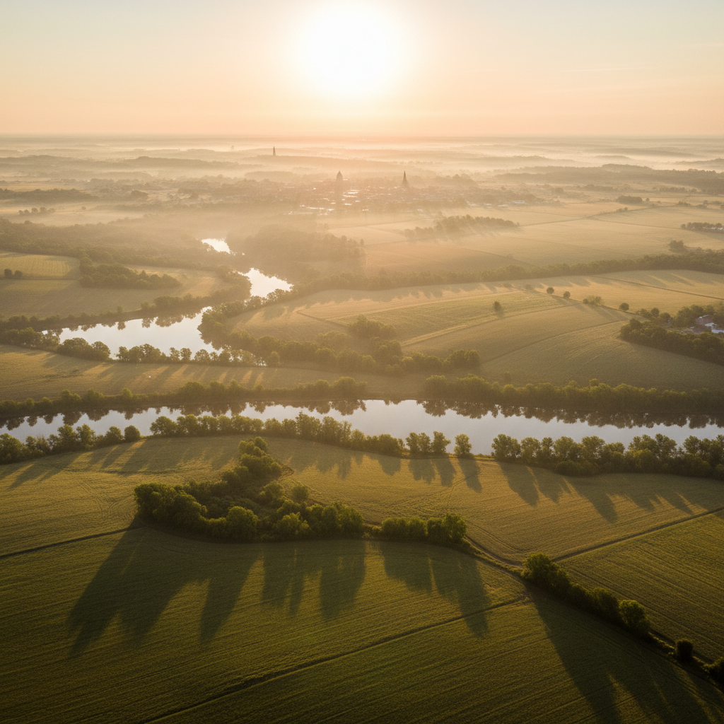 A drone hovers over a misty river valley at sunrise, with farmland, tree-lined lakes, and a small courthouse silhouette in the distance near a Missouri town.