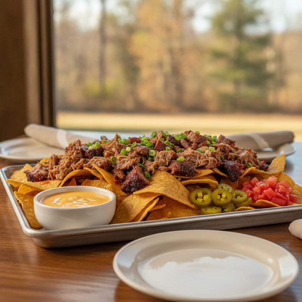 Tray of BBQ nachos with sturdy tortilla chips, pulled pork, chopped brisket, queso on the side, pickled jalapeños, and green onions in Platte City, Missouri