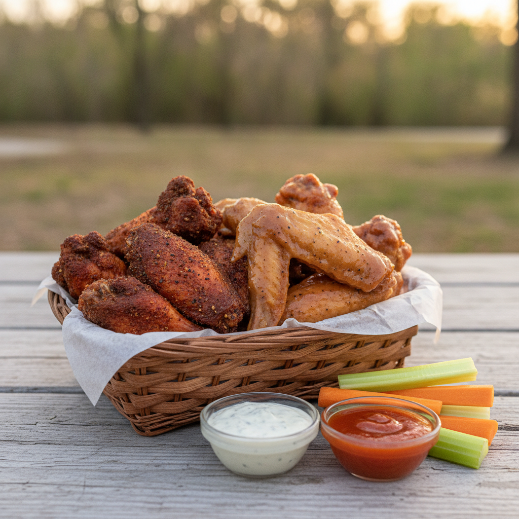 Basket of smoked chicken wings with dry rub and light sauce, served with sauce cups and celery on an outdoor picnic table near Platte City, Missouri