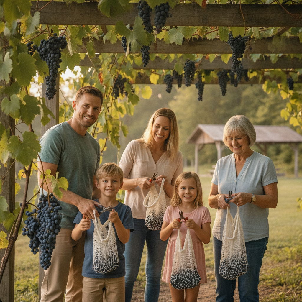 Family harvesting wild grapes along a riverbank with mesh bags and pruners, grandparents and children smiling outdoors in Missouri.