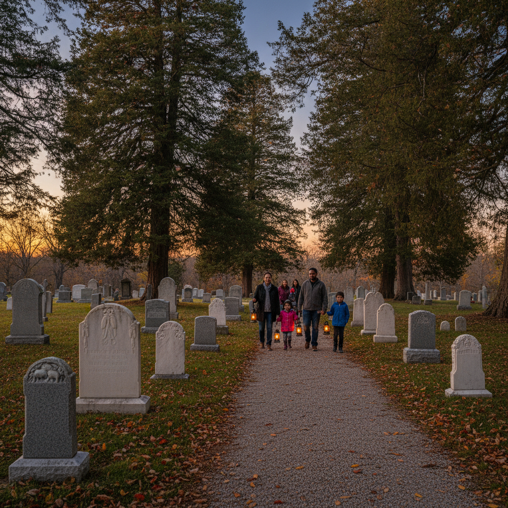 A group of people with lanterns walk along a gravel path through a historic cemetery at dusk, surrounded by weathered headstones and autumn leaves.