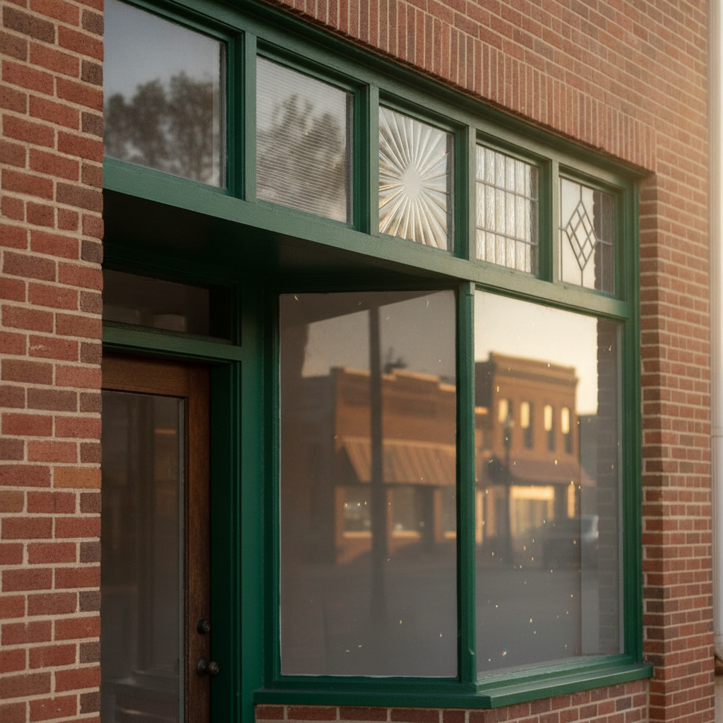 Close-up of a historic Platte City, Missouri storefront showing transom windows above a glass door and display window, with clear, textured, prismatic, and leaded glass panes in the transom band.