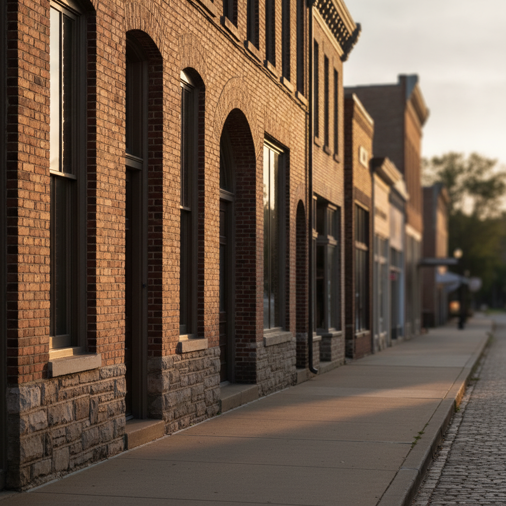 Golden-hour view of a small-town brick storefront row in Platte City, Missouri, showing thick masonry walls, tall second-floor windows, recessed doors, and metal roofline trim.