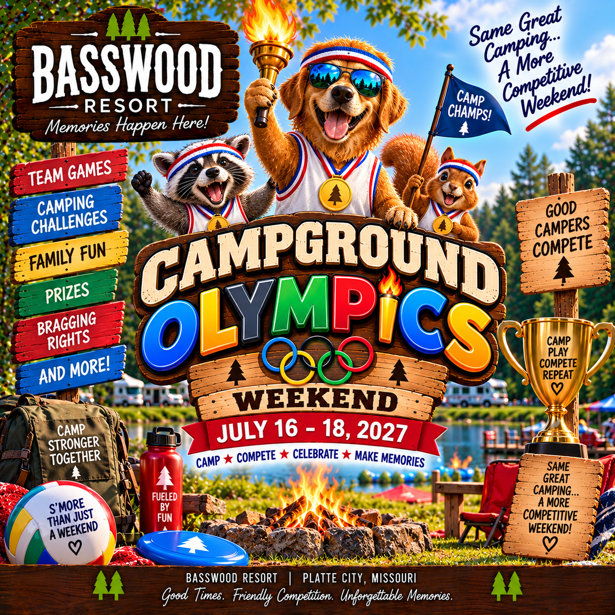 Campground Olympics Weekend poster with cartoon animals, event info, sports icons, trophies, and text promoting activities at Basswood Resort in Platte City, MO, July 16-18, 2027.