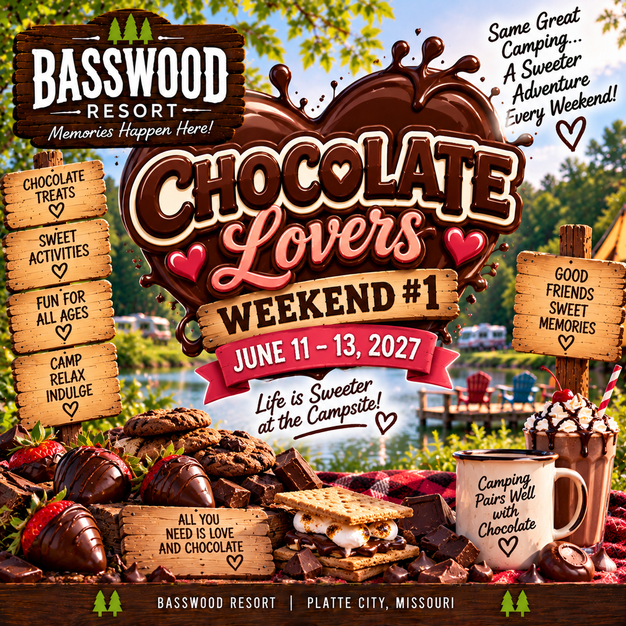 A promotional flyer for Basswood Resort’s “Chocolate Lovers Weekend #1,” June 11–13, 2027, featuring chocolate treats, campsite activities, and text details on a picnic-themed background.