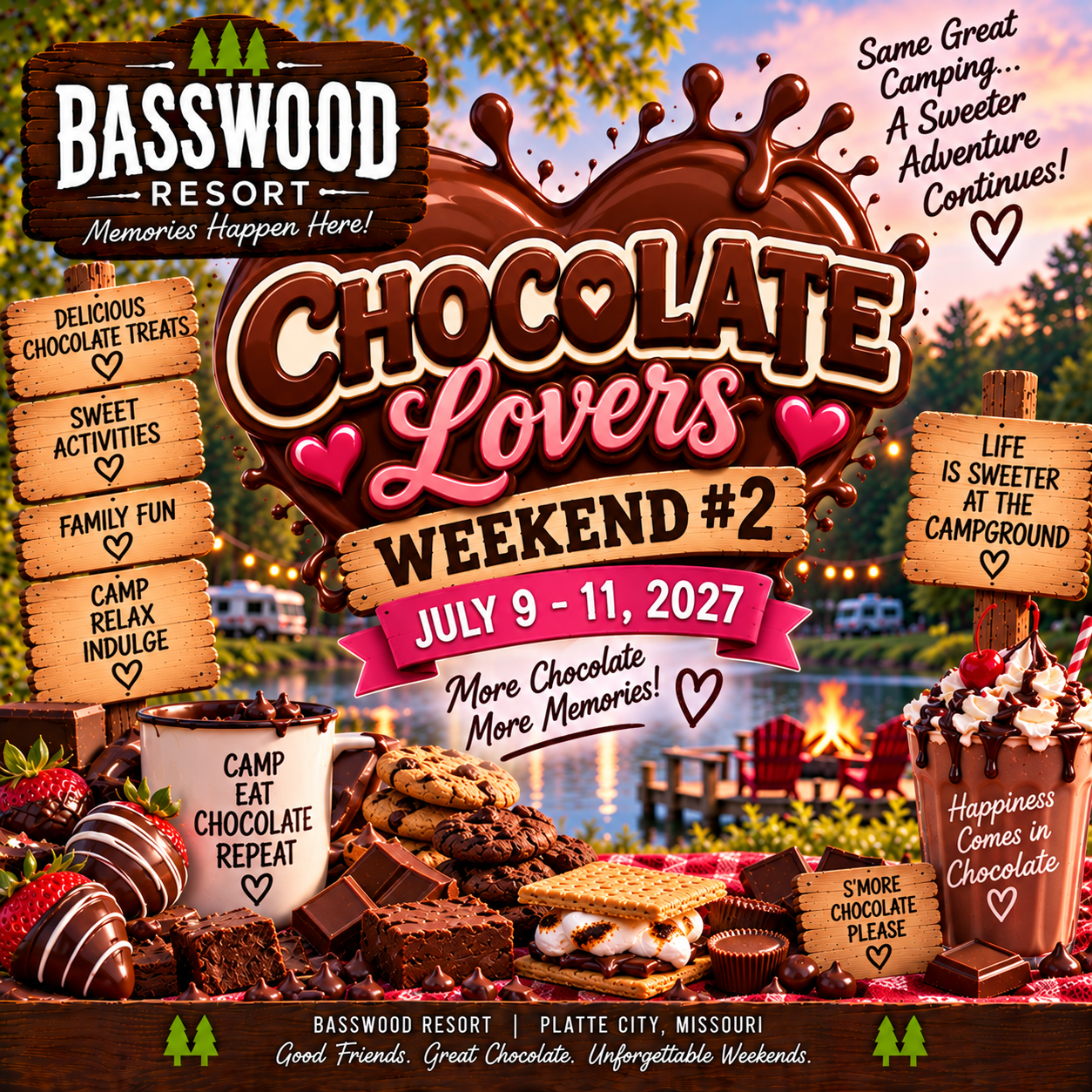 Poster for Chocolate Lovers Weekend #2 at Basswood Resort, July 9-11, 2027, featuring chocolate treats, campfire, and event details with a lakeside campsite background.