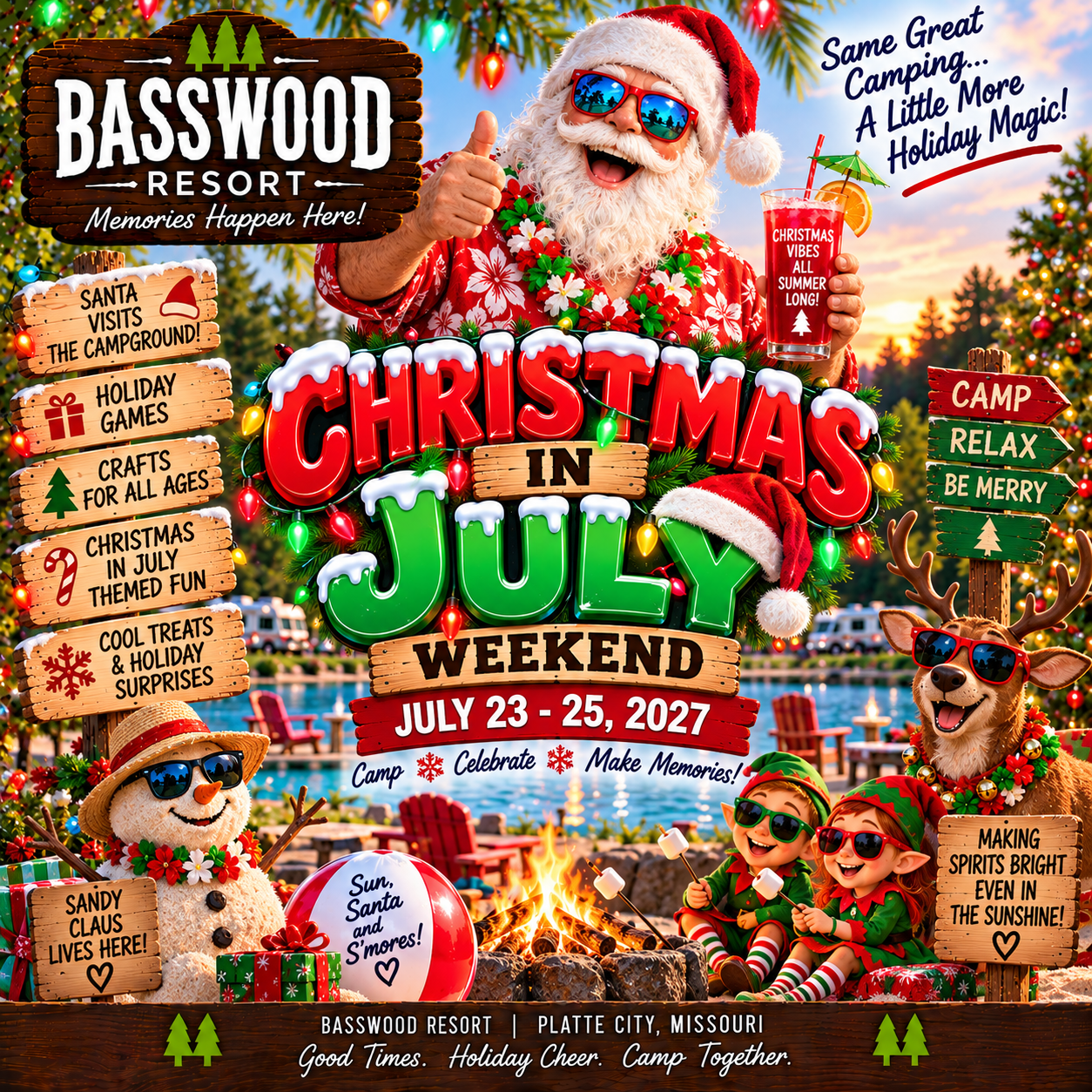 Santa and friends in summer attire enjoy a festive campsite with holiday decorations, palm trees, and camping gear, promoting “Christmas in July Weekend” at Basswood Resort, July 23-25, 2027.