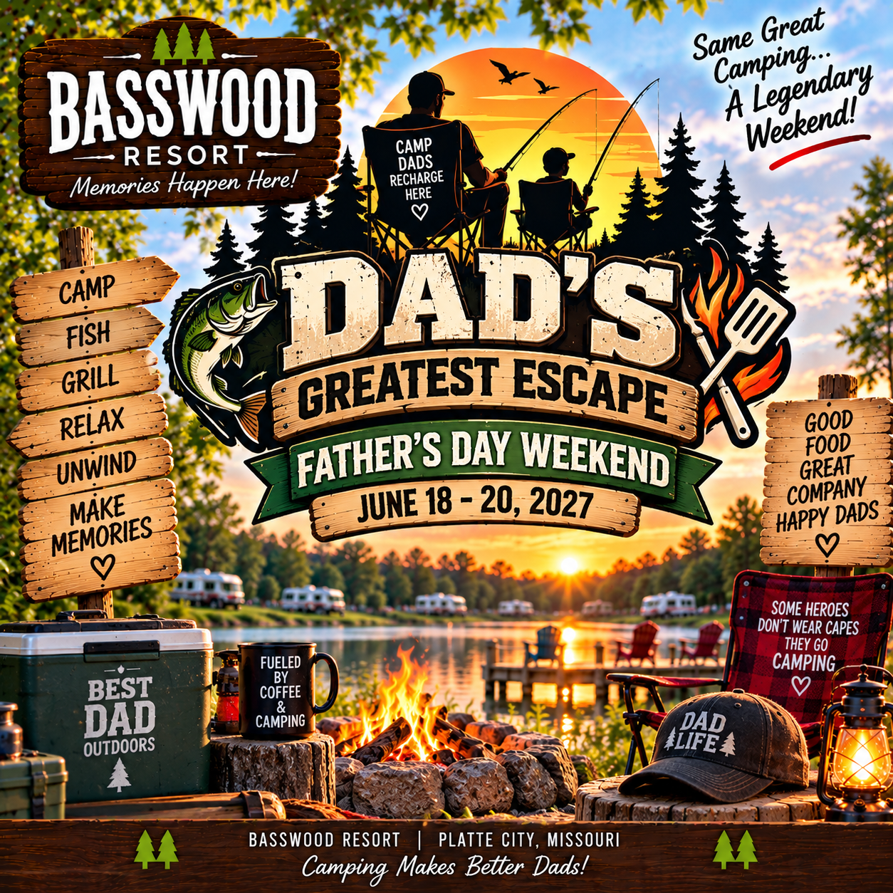 Promotional image for Basswood Resort’s Father’s Day Weekend event, featuring outdoor camping, fishing, and grilling activities by a lakeside, dated June 18–20, 2027.