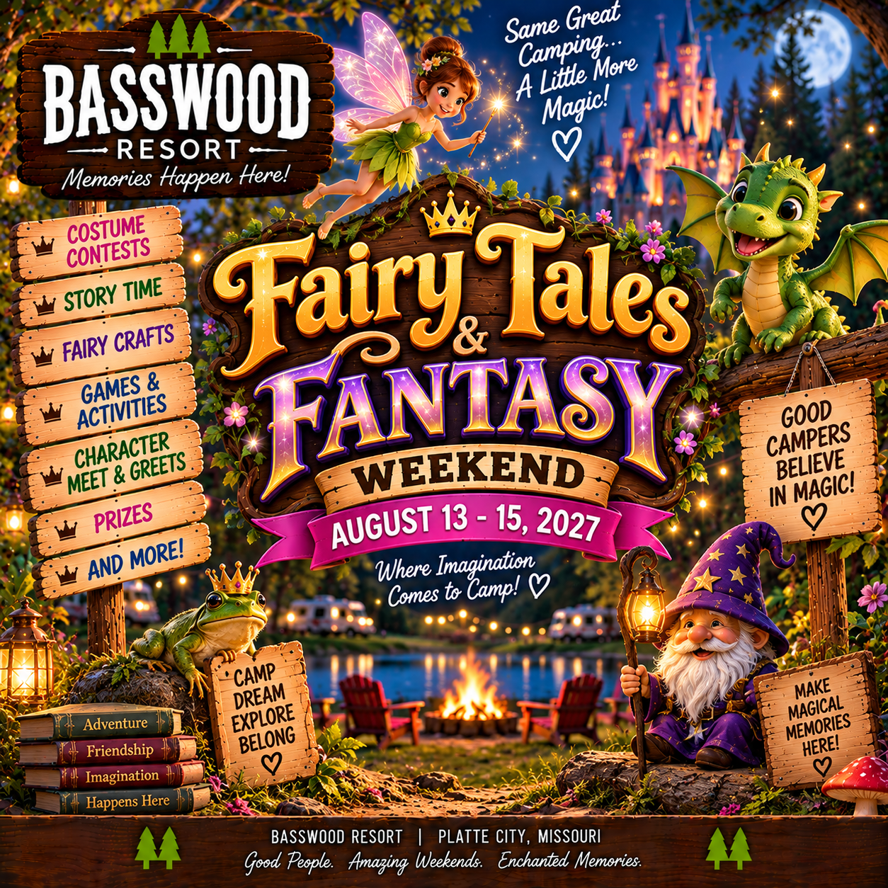 Colorful poster for “Fairy Tales & Fantasy Weekend” at Basswood Resort, August 13–15, 2027, featuring a castle, dragon, fairy, wizard, and event details.