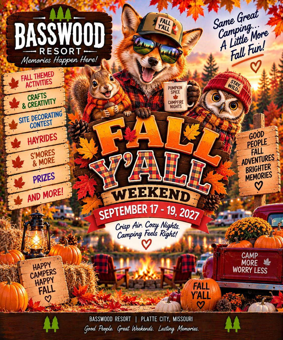 Colorful fall-themed poster for Basswood Resort’s “Fall Y’all Weekend,” September 17–19, 2021, featuring illustrated animals in hats, event details, and decorative autumn elements.
