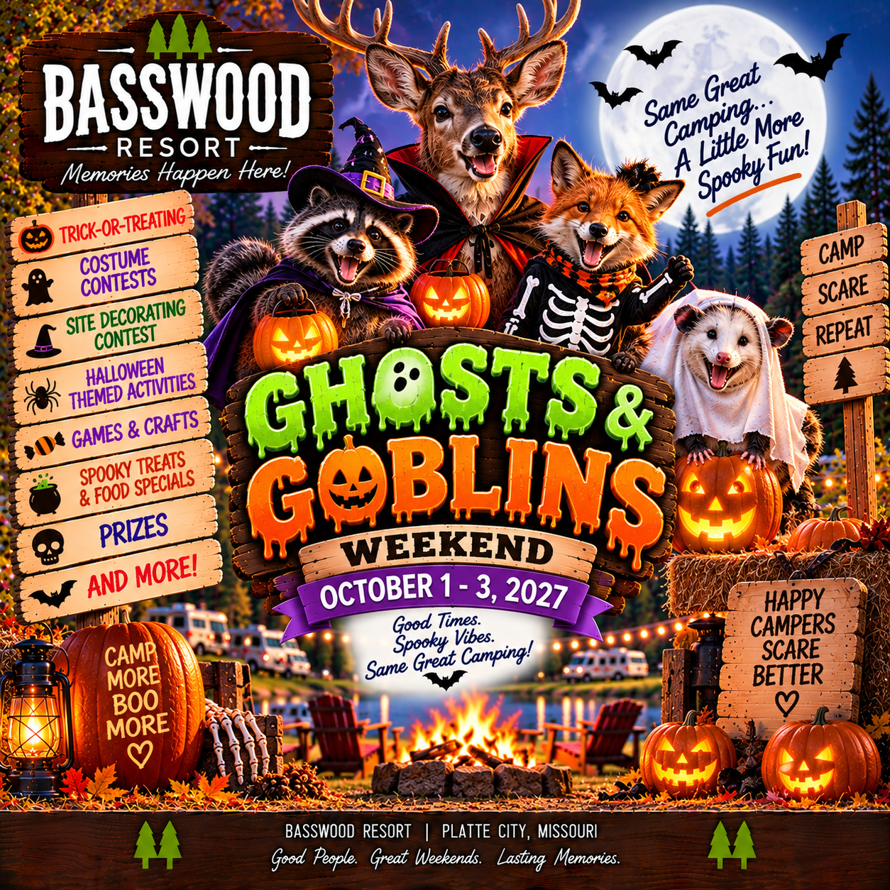 Halloween-themed poster for Basswood Resort’s Ghosts & Goblins Weekend, October 1-3, 2027, featuring animals in costumes and event details like contests, games, prizes, and camping.