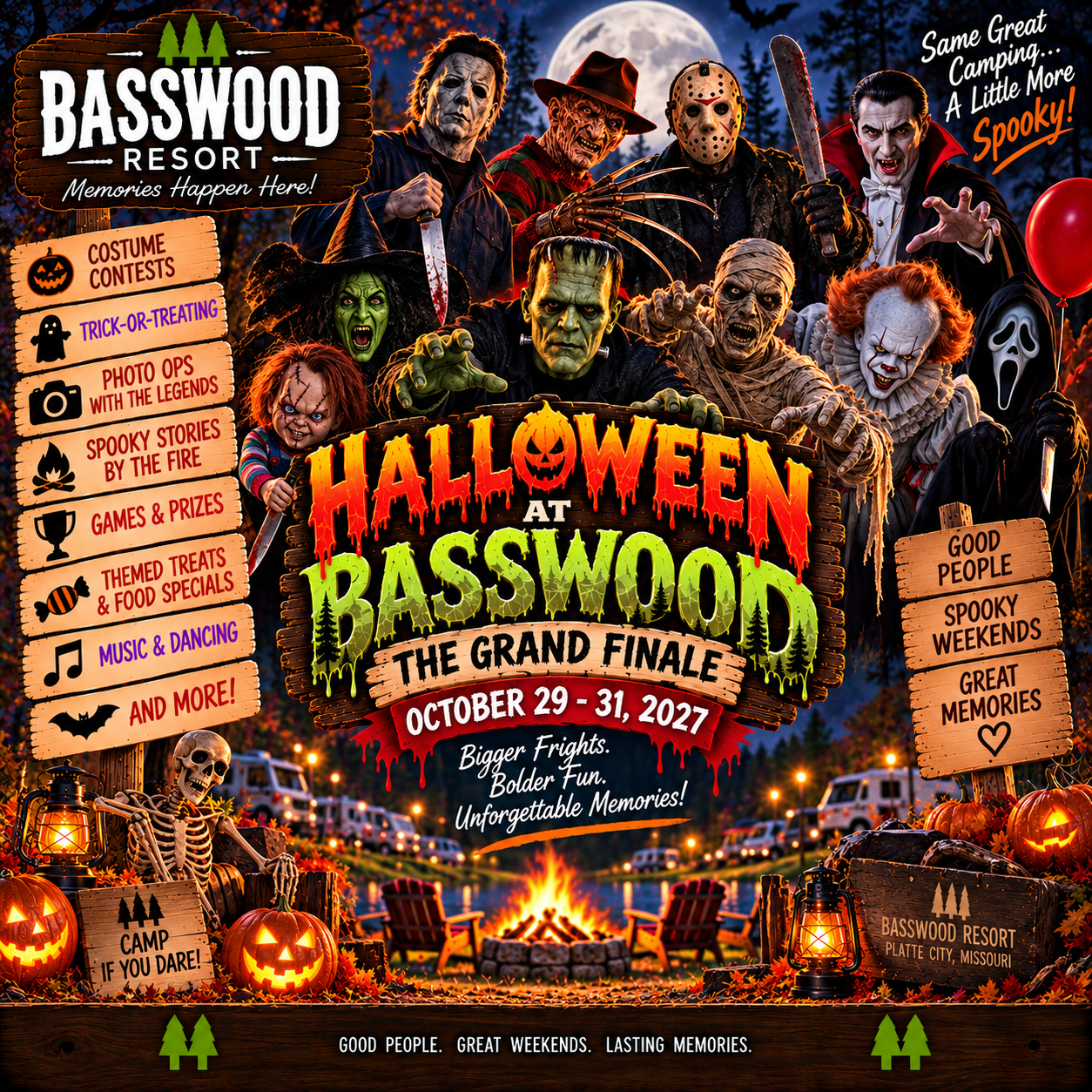 Colorful Halloween-themed poster for Basswood Resort’s event, featuring horror characters, event details, contest info, and a spooky background. Event dates: October 29–31, 2027.