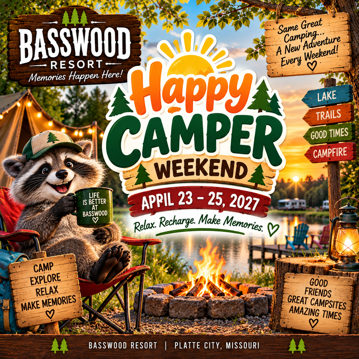 A cheerful raccoon holds a mug near a campfire and tent, with bold text promoting “Happy Camper Weekend” at Basswood Resort, April 23–25, 2027. Camping activities are listed around the image.