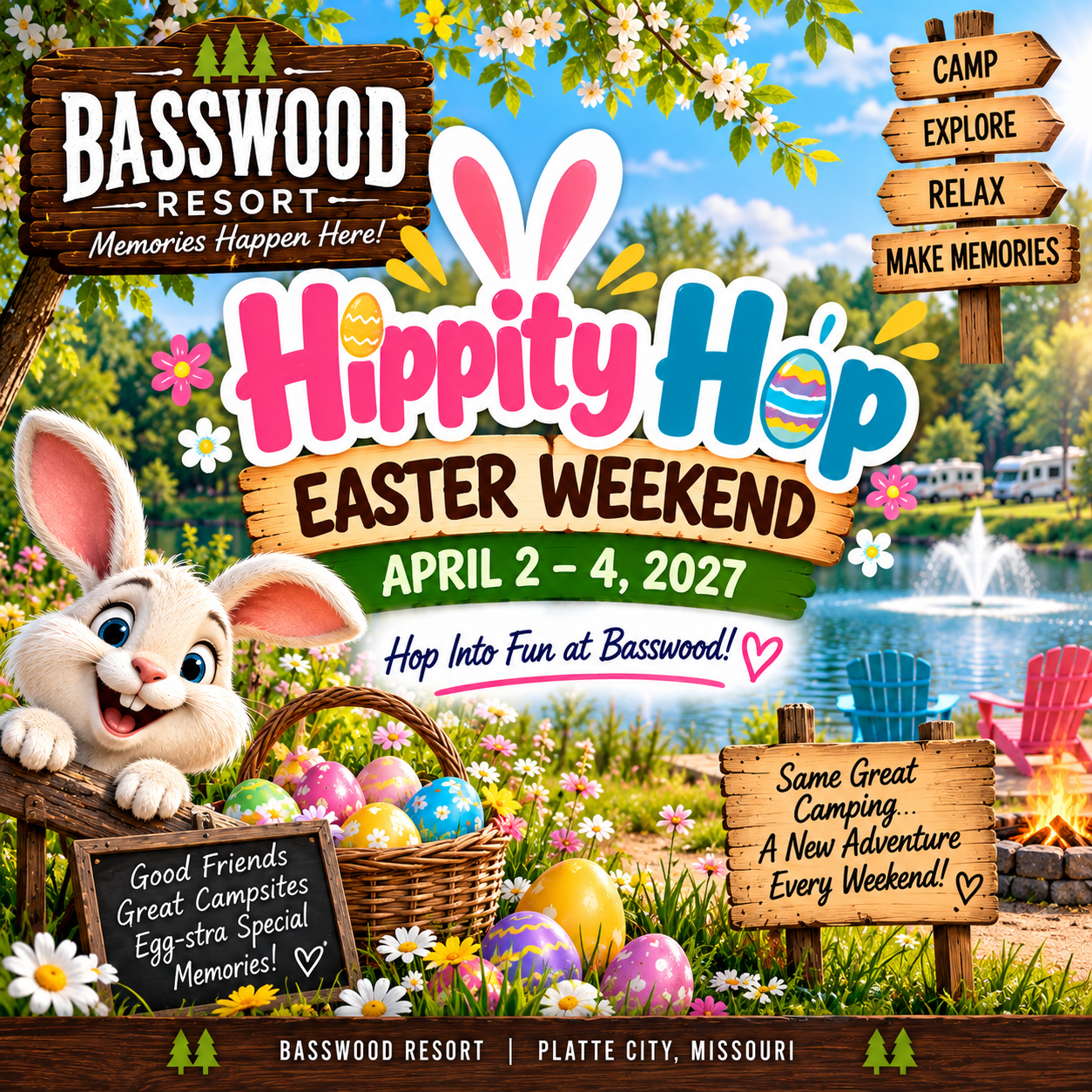 Colorful Easter event flyer for Basswood Resort, featuring a bunny, eggs, and event details for “Hippity Hop Easter Weekend” on April 2-4, 2027, in Platte City, Missouri.