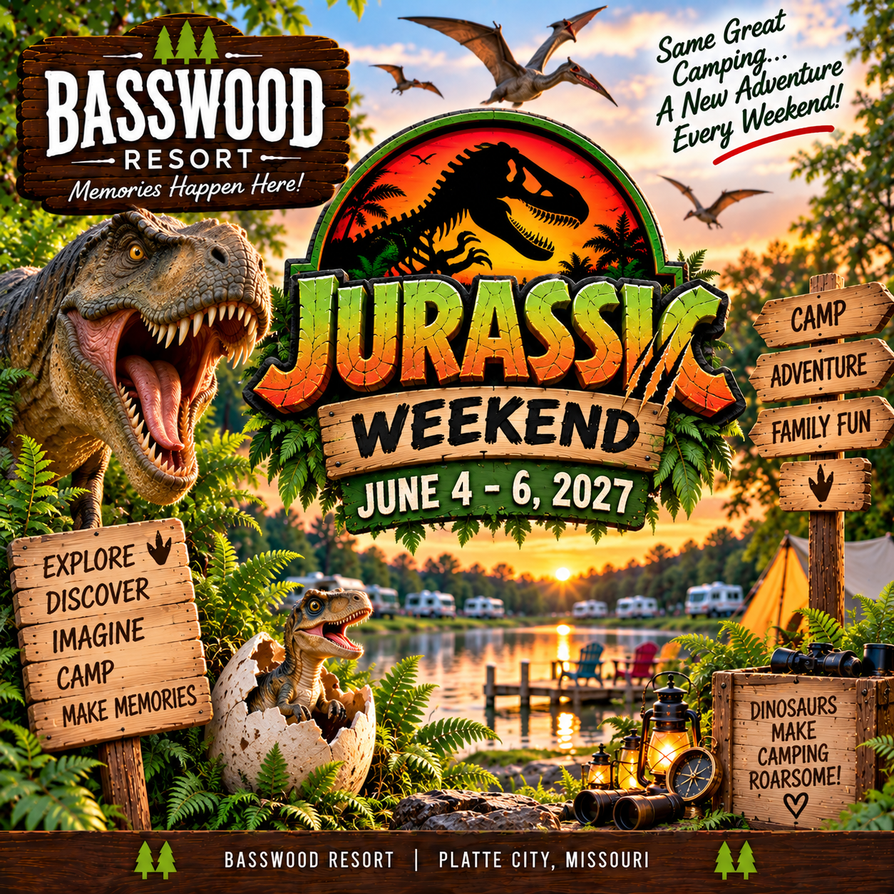 Promotional image for Jurassic Weekend at Basswood Resort, June 4-6, 2027, shows dinosaurs, camp signs, and a lake scene with tents and canoes.