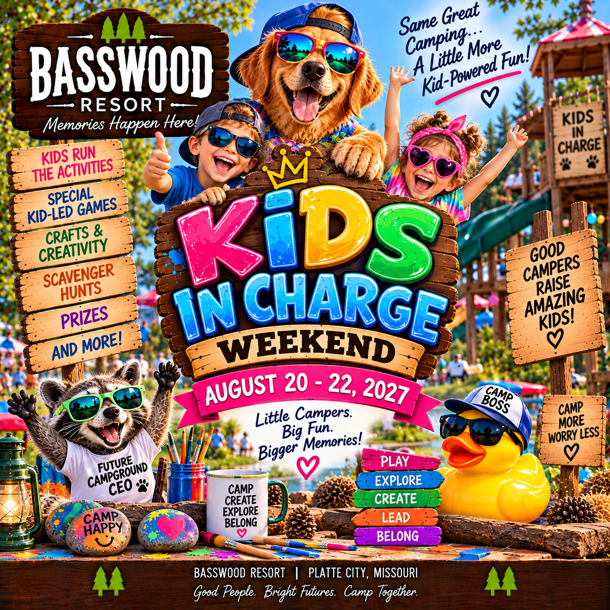 Three dogs dressed as kids and a camp boss pose at a colorful outdoor playground promoting Basswood Resort’s “Kids in Charge Weekend,” August 20-22, 2027, with playful activities listed.