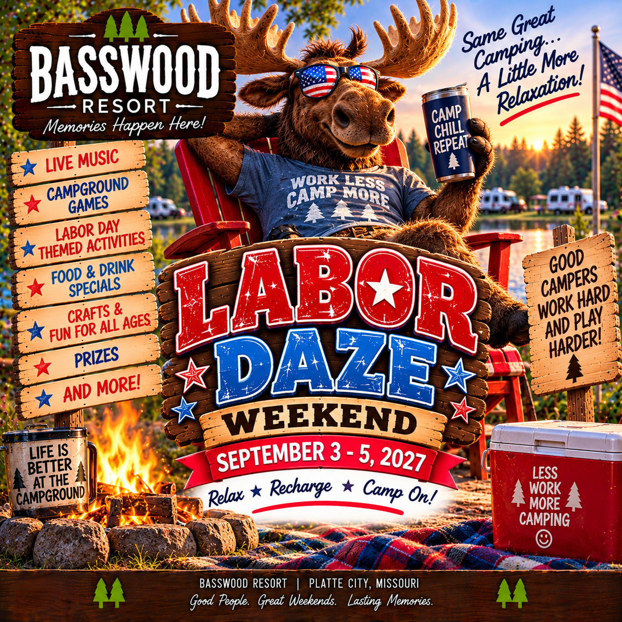 A cartoon moose in sunglasses relaxes in a chair at a campground, promoting Labor Day weekend activities at Basswood Resort, September 3–5, 2027.