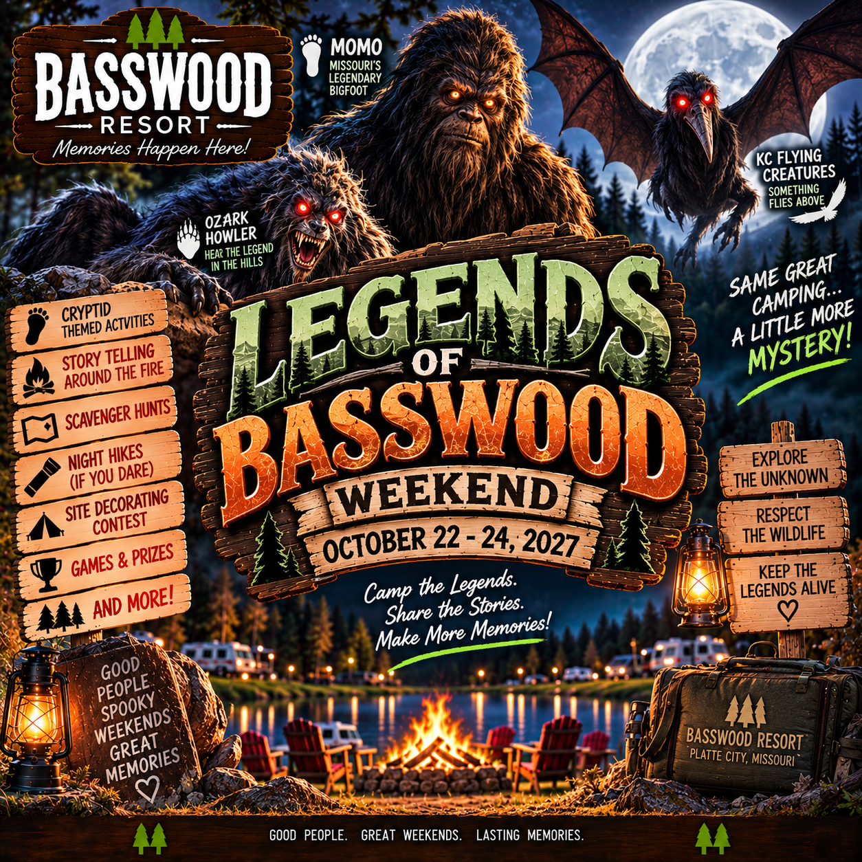 Promotional poster for Legends of Basswood Weekend, October 22-24, 2027, featuring cryptids, event details, and camping activities at Basswood Resort, Platte City, Missouri.