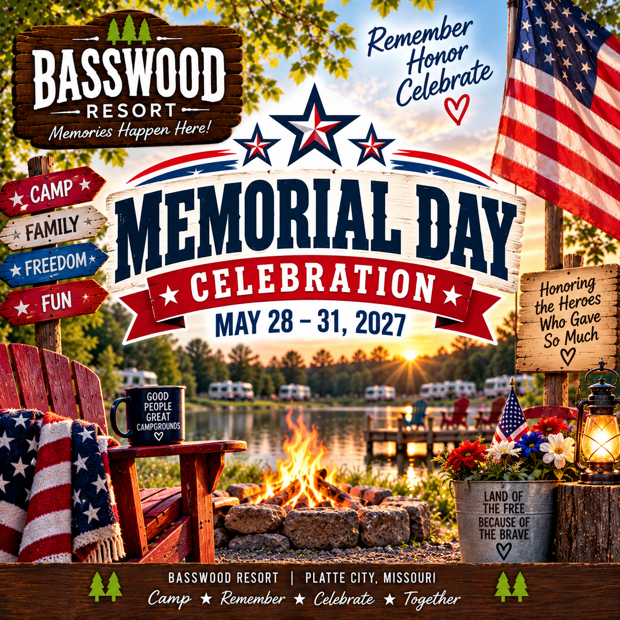Memorial Day celebration at Basswood Resort, May 28-31, 2027, with patriotic decorations by a lakeside, promoting camp activities and honoring fallen heroes.