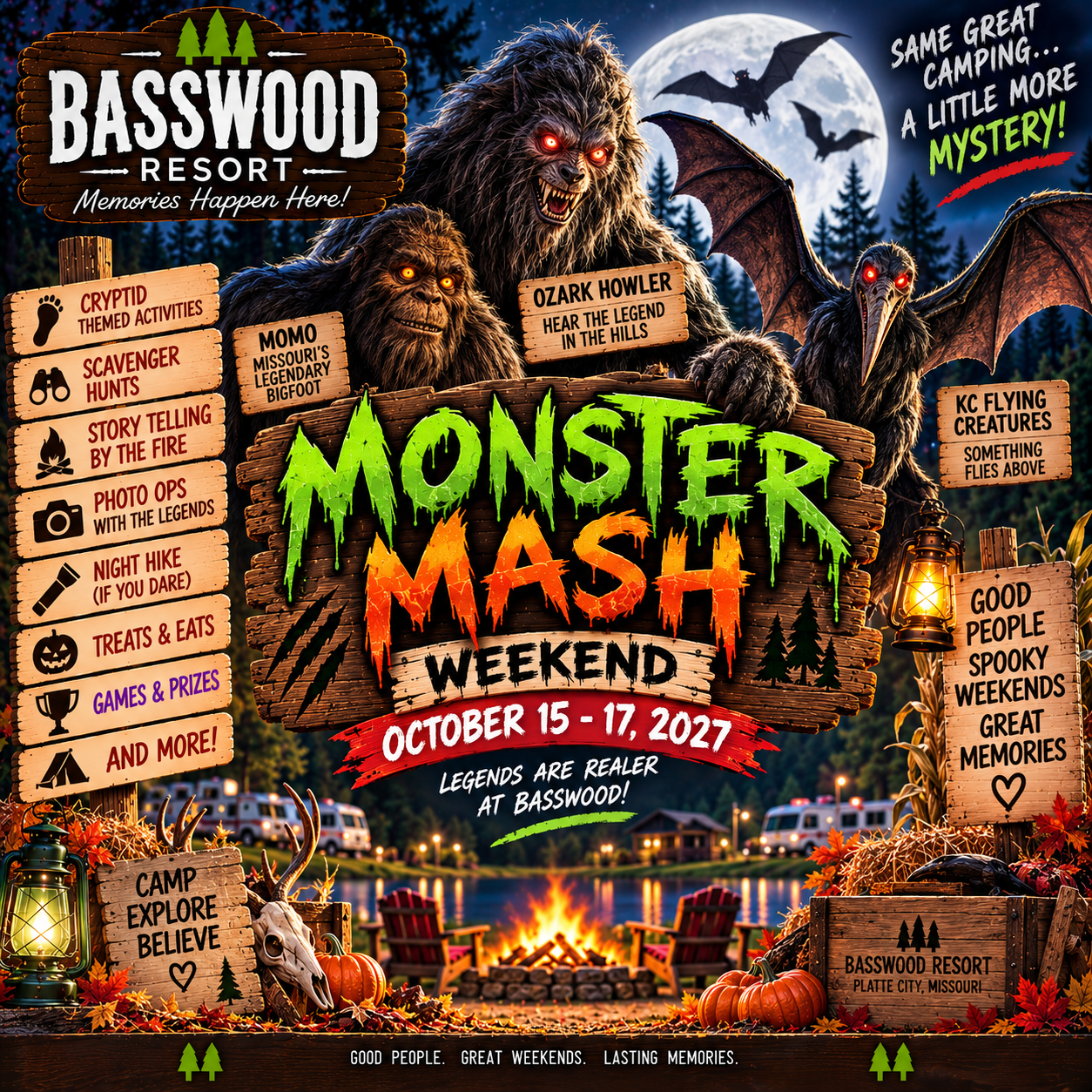 Colorful poster for Basswood Resort’s “Monster Mash Weekend,” October 15–17, 2027, featuring event highlights, spooky decorations, and cartoon creatures in a festive Halloween setting.