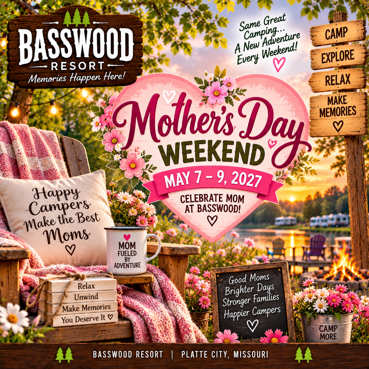 Mother’s Day Weekend 2027 event at Basswood Resort, Missouri. Cozy outdoor setup by a firepit with pillows, mugs, flowers, and Mother’s Day signage.