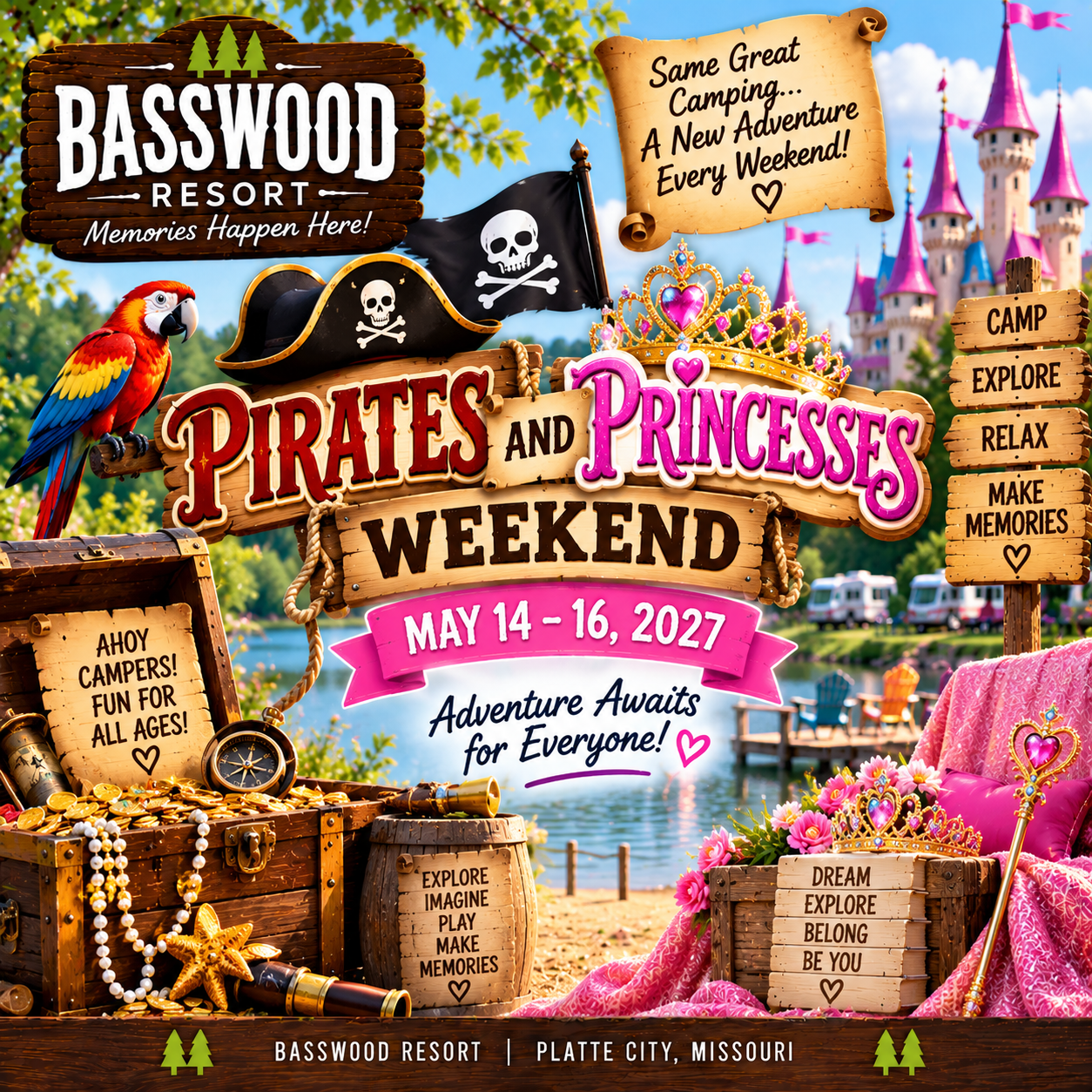 Colorful promotional poster for Basswood Resort’s “Pirates and Princesses Weekend,” May 14–16, 2027, featuring pirate and princess themes, event details, and playful decorations.