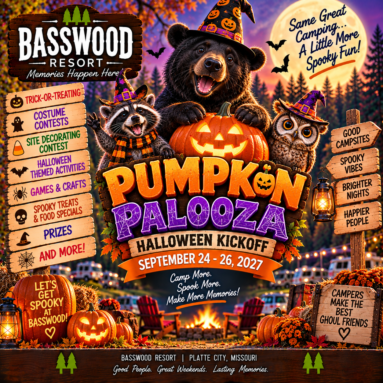 Colorful Halloween event poster for Basswood Resort’s Pumpkin Palooza, featuring cartoon bears, pumpkins, event details, and advertised activities; event dates: September 24-26, 2027.