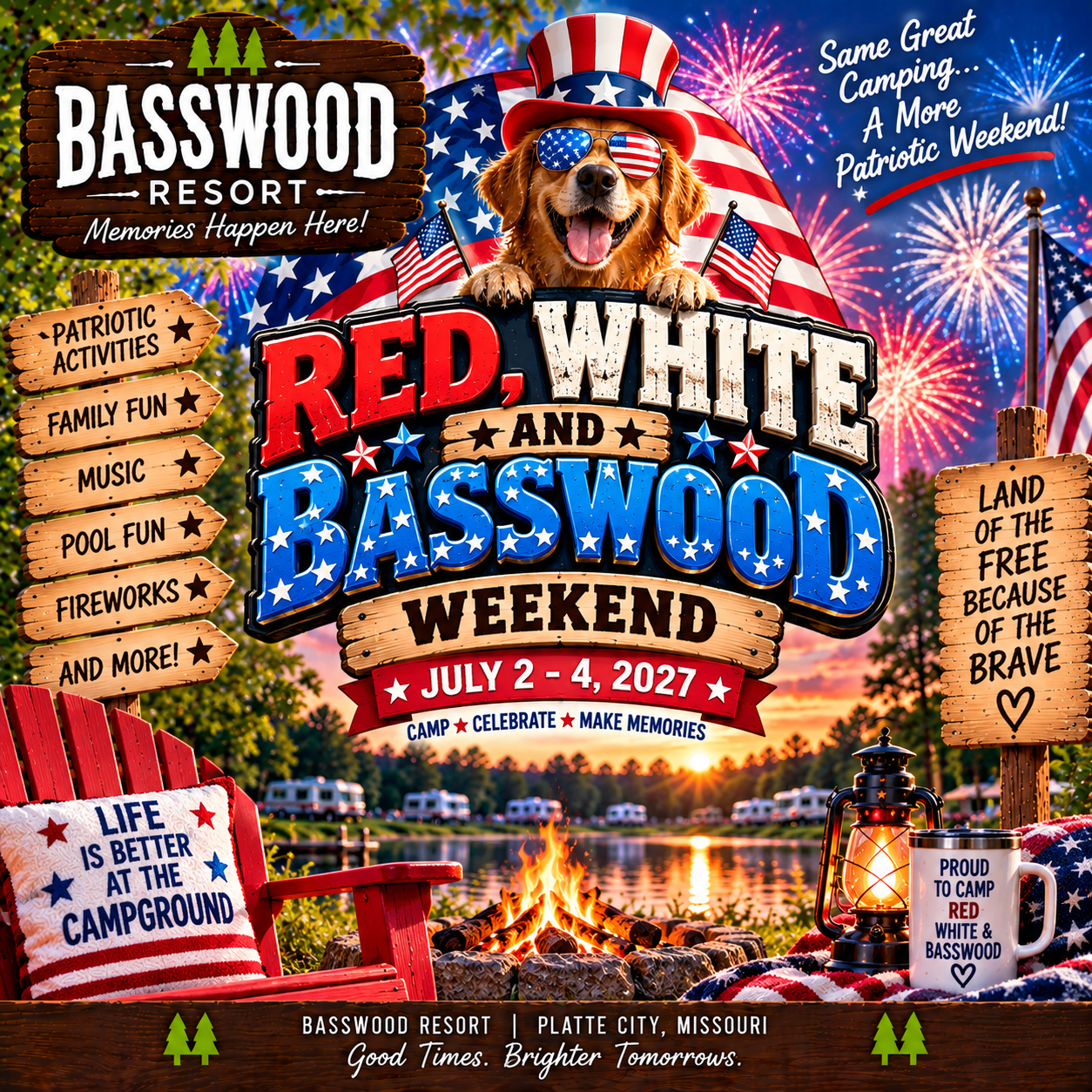 Patriotic-themed event poster with a dog wearing sunglasses and a hat, American flags, and details for Red, White and Basswood Weekend at Basswood Resort, July 2–4, 2027.