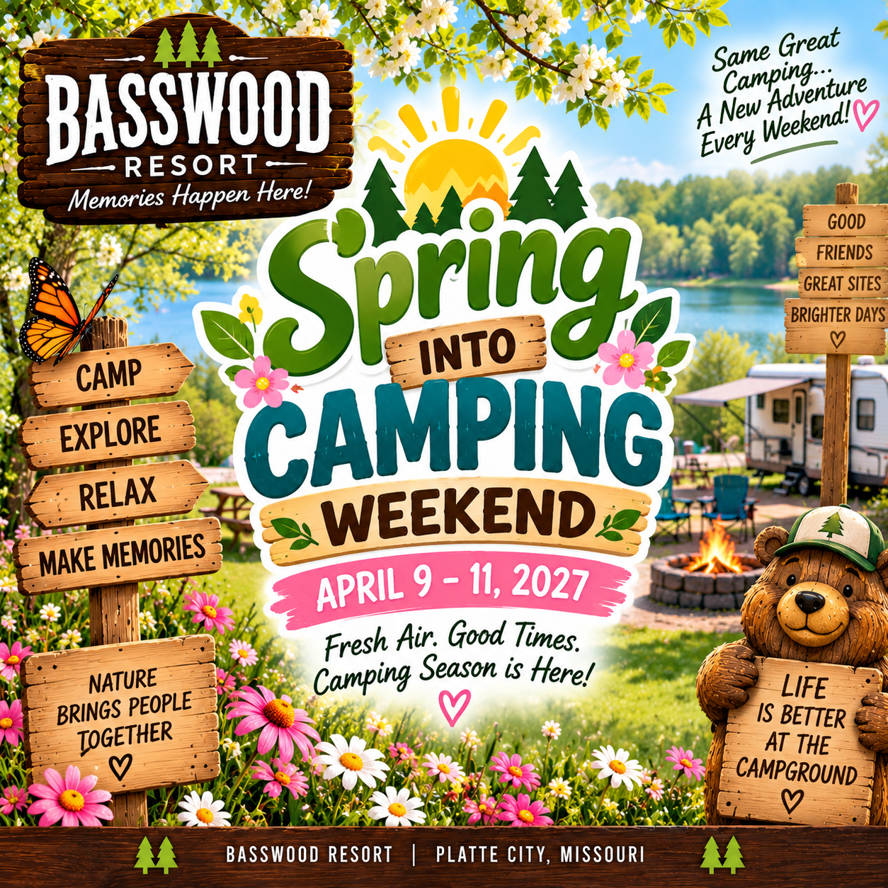 Colorful promotional image for Basswood Resort’s “Spring Into Camping Weekend,” April 9-11, 2027, featuring camping-themed elements, event details, and cheerful outdoor decorations.