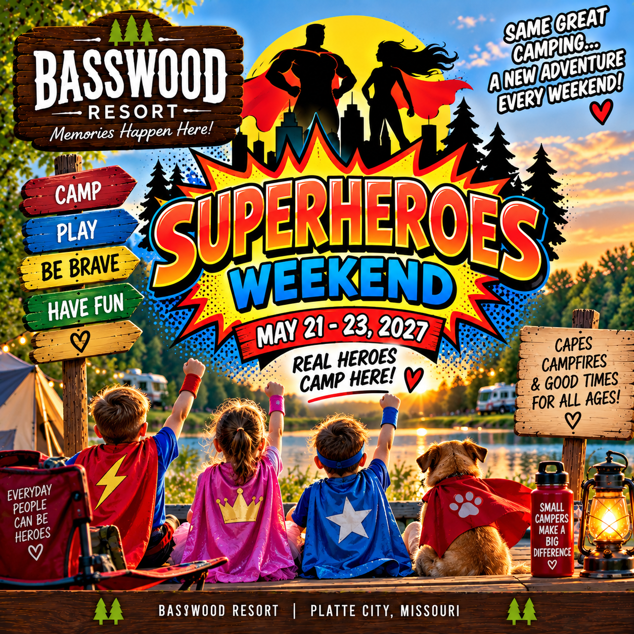 Three children in superhero capes sit by a lakeside campfire at Basswood Resort for “Superheroes Weekend” May 21-23, 2027, with themed signs, decorations, and a lake in the background.