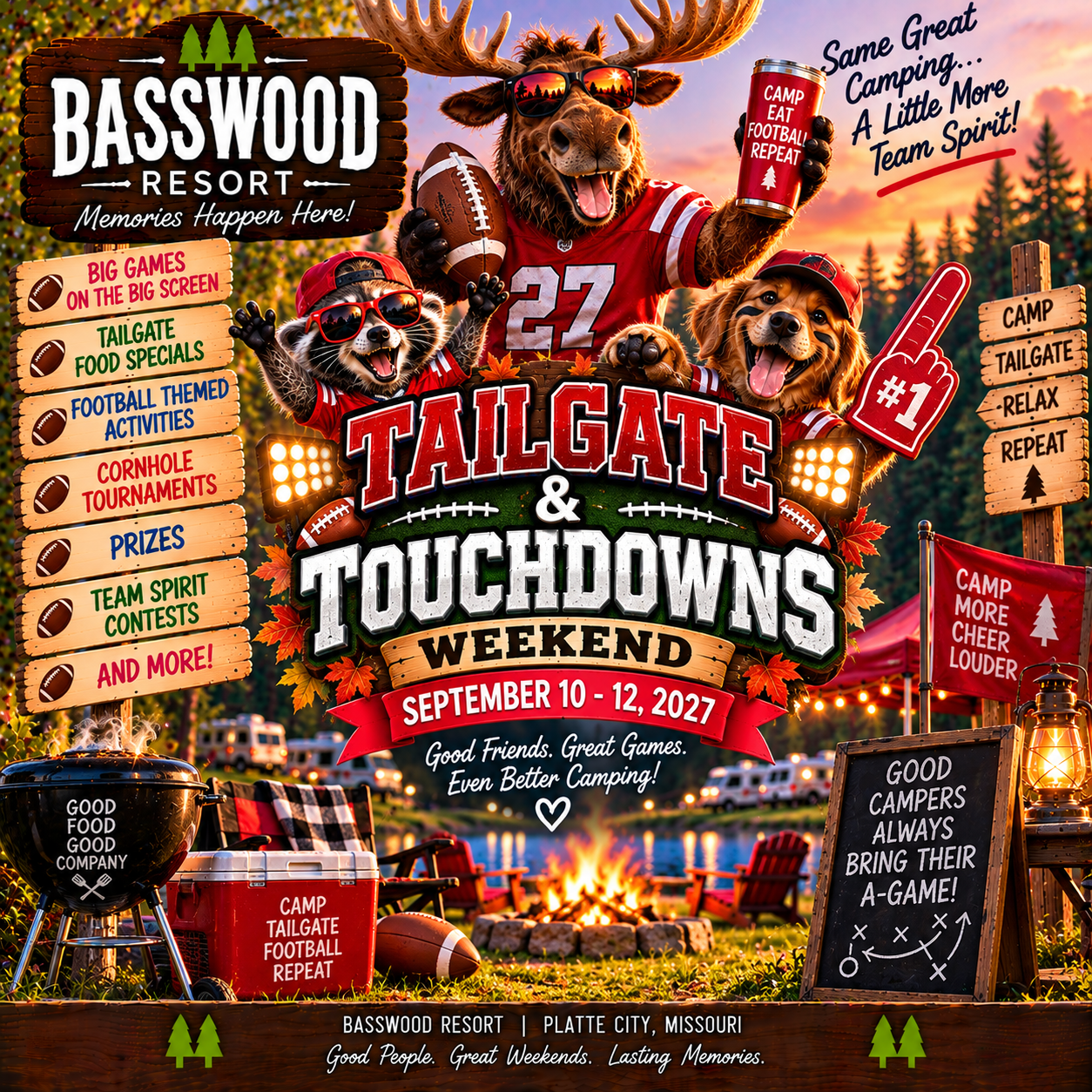Three dogs in football gear celebrate at a campsite with tailgate party food, firepit, RV, and festive signs promoting “Tailgate & Touchdowns Weekend” at Basswood Resort, September 10–12, 2027.