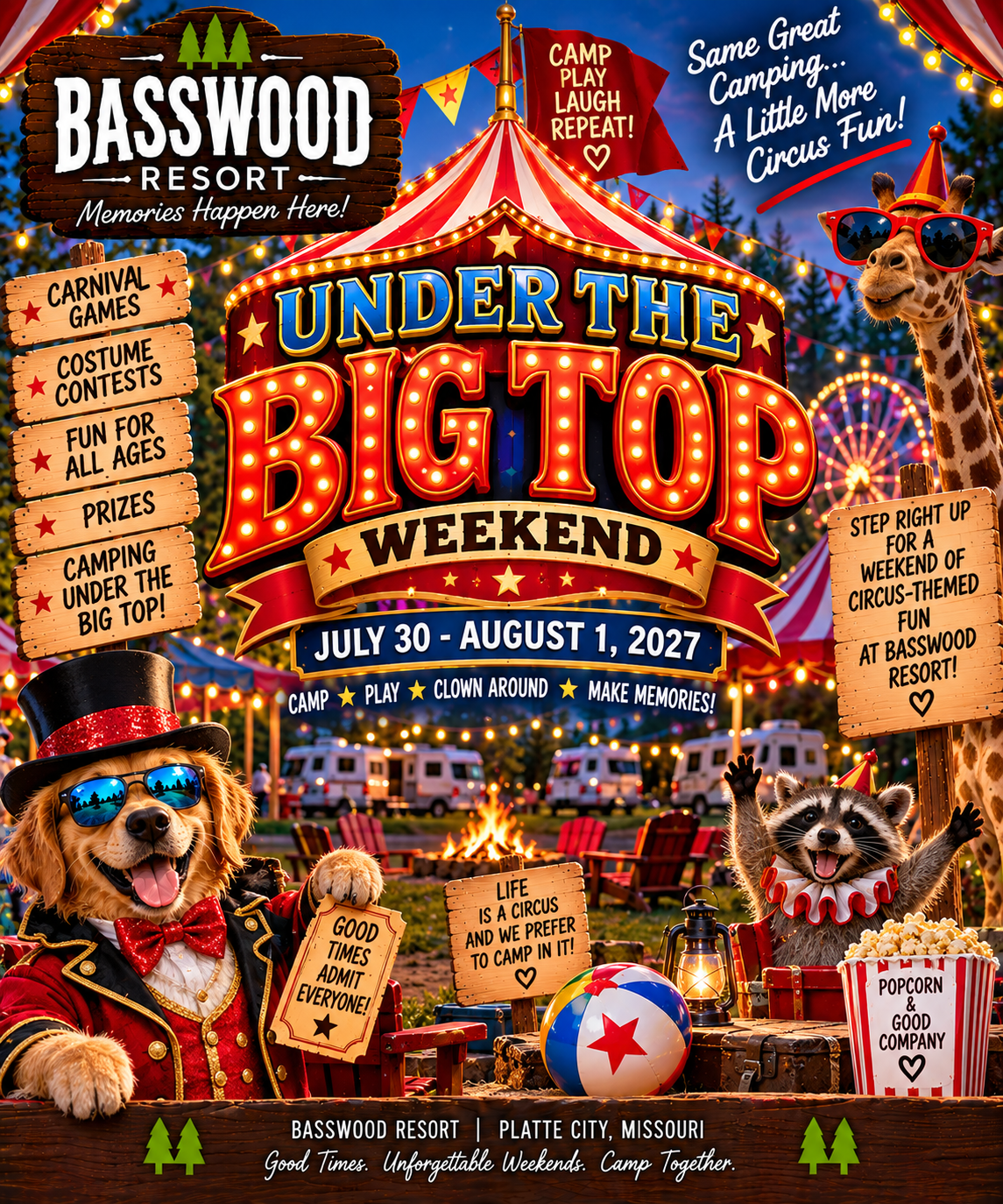 Colorful circus-themed event poster for “Under the Big Top Weekend” at Basswood Resort, July 30-August 1, 2027, featuring dogs in costumes, event details, and festive carnival graphics.