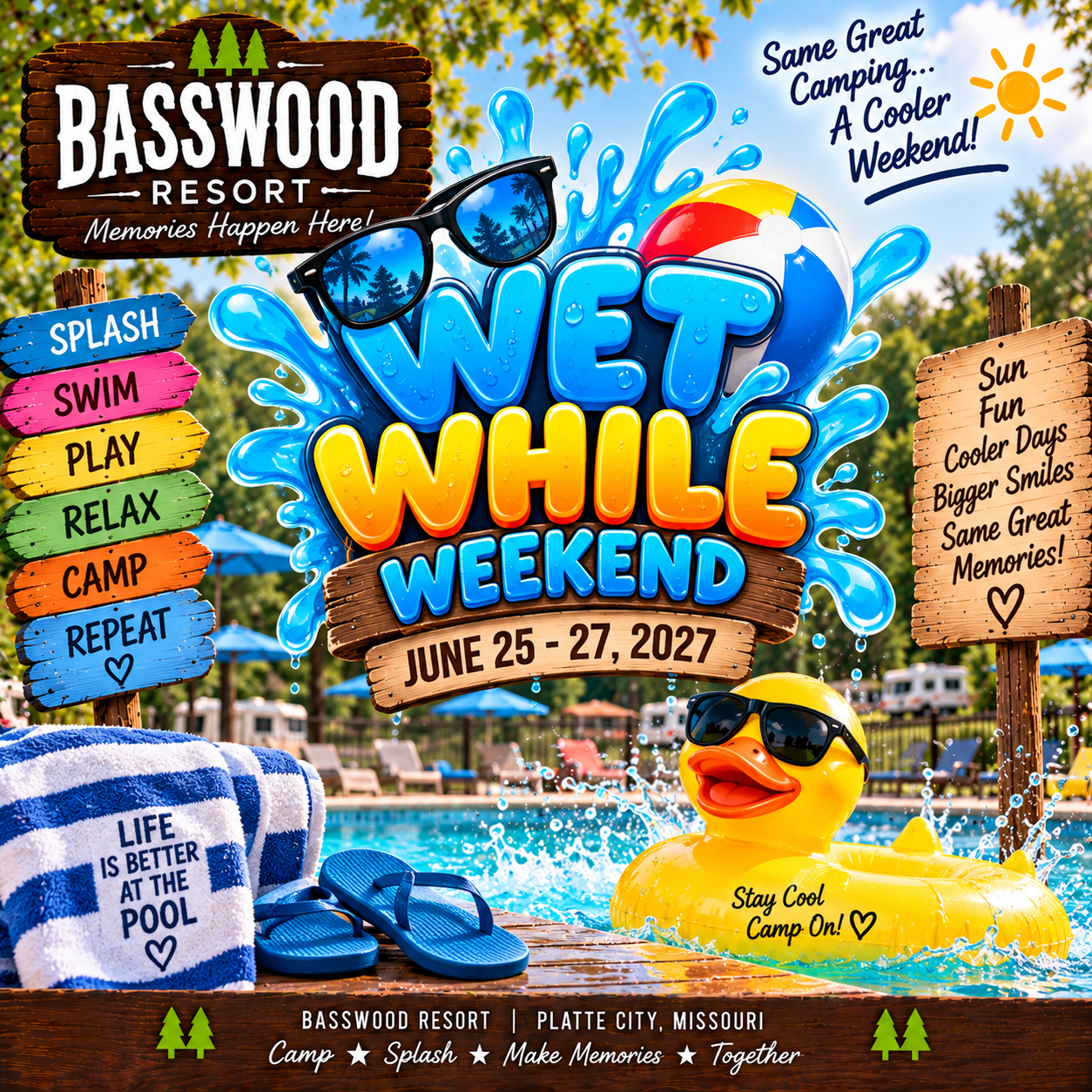 Promotional image for Basswood Resort’s “Wet While Weekend,” June 25-27, 2027, featuring pool items, a rubber duck, and event details in colorful summer-themed graphics.