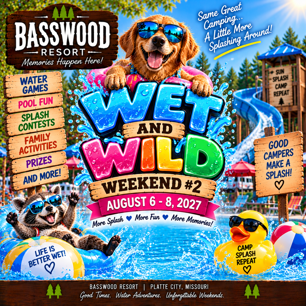 Colorful event poster featuring cartoon dogs at a water park with event details for “Wet and Wild Weekend #2” at Basswood Resort, August 6-8, 2027, in Platte City, Missouri.